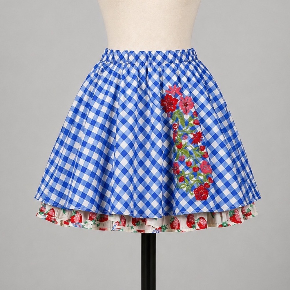 Gingham Floral Embroidered Strawberry Cottagecore Blue White Skirt Size Medium